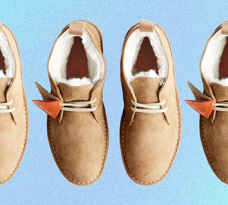 Shearling Clarks Desert Boots from a new collab with Todd Snyder. The shearling lining is seen from above in the brown Desert Boot, available as of December 2021.