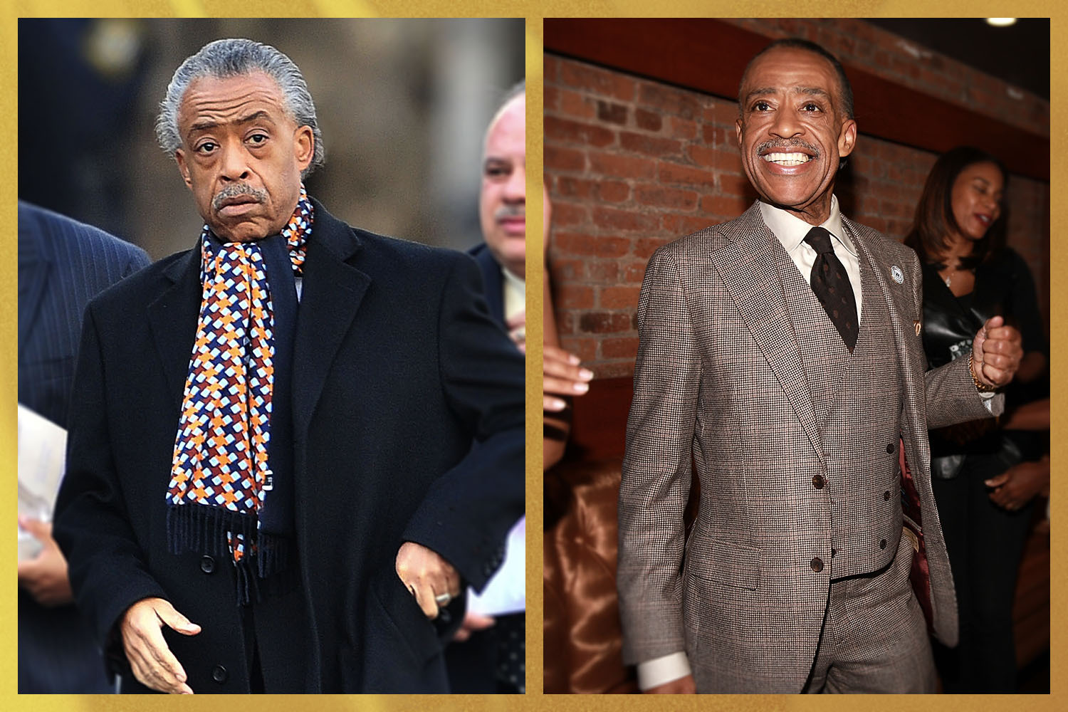 From left: Al Sharpton in a black overcoat and patterned scarf; Al Sharpton in a windowpane three-piece wool suit