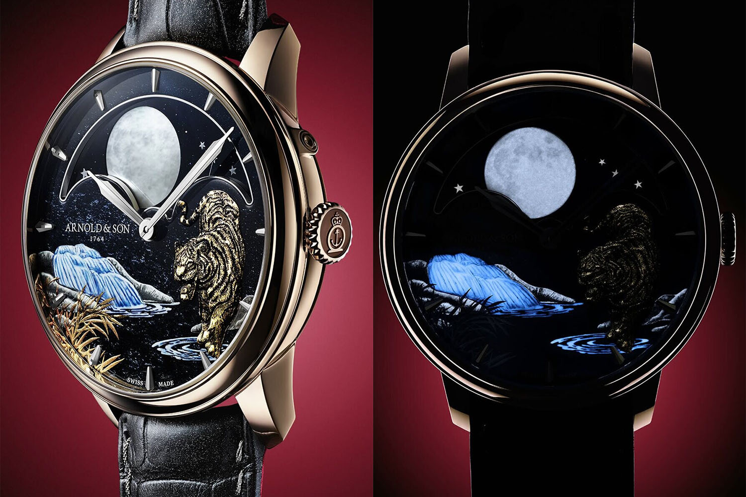 an exquisite timepiece featuring a glow-in-the-dark moon and tiger face.