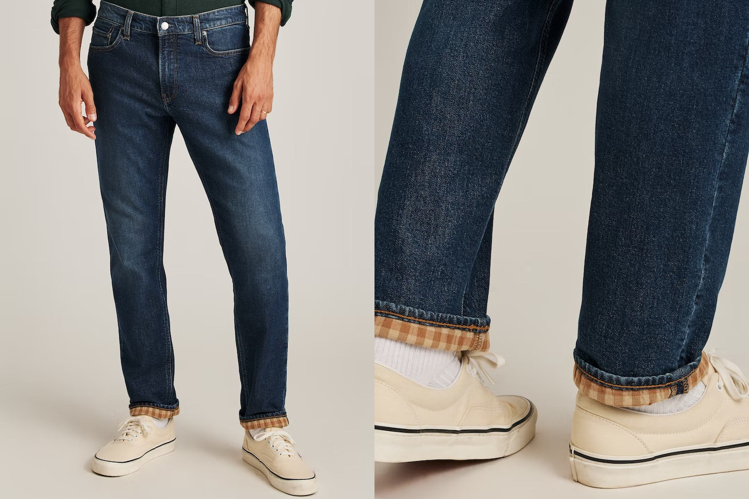 two photos of the Bonobos flannel lined jean on a cream background