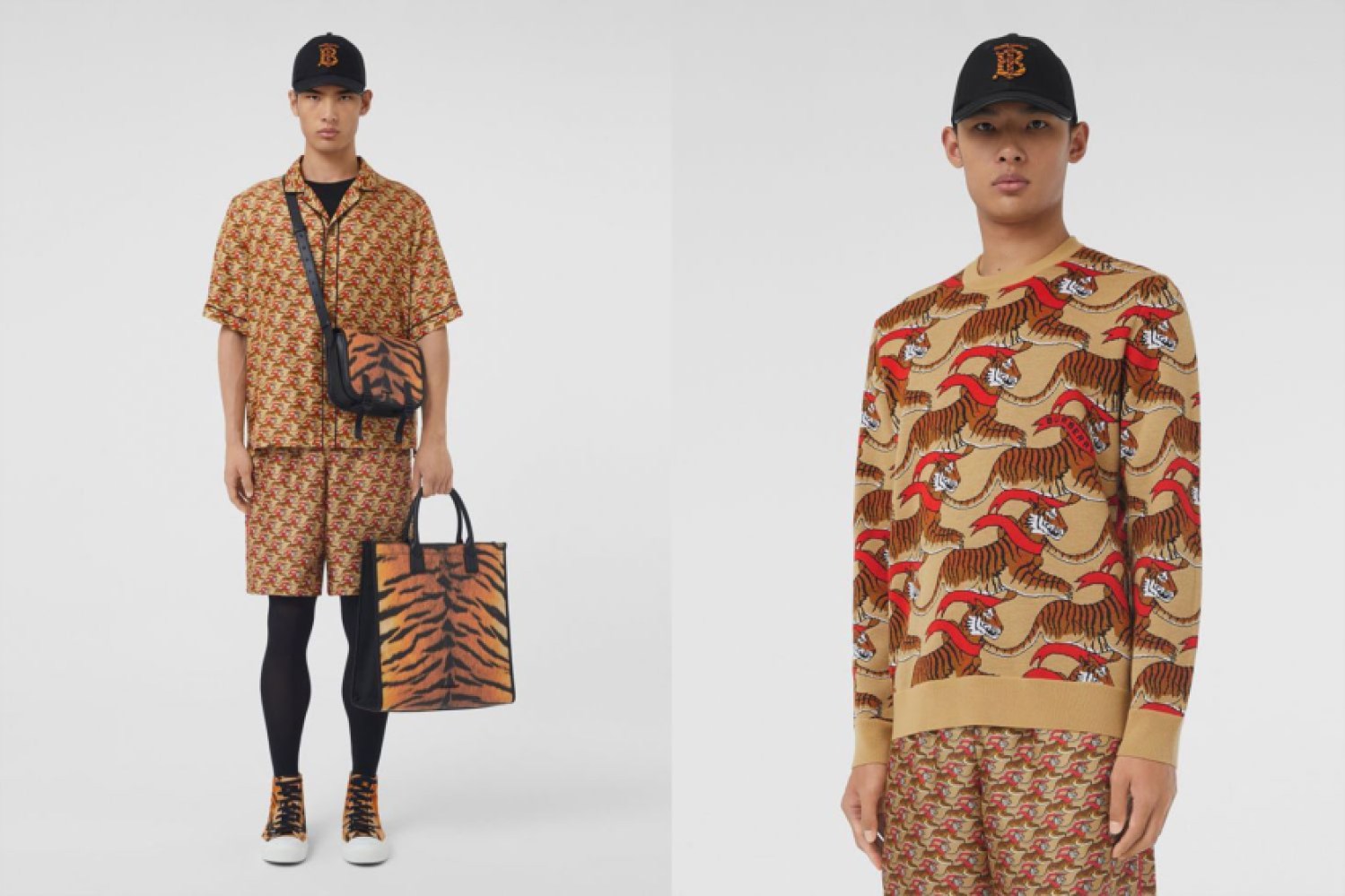 two models, one full-outfit and one close up, in tiger-graphiced, tan outfits from Burberry.