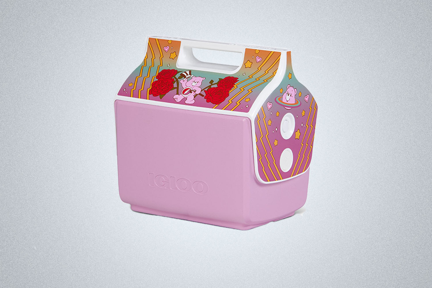 a pink cooler with grateful dead x care bear graphics