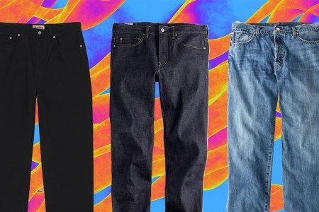 a collage of denim on a mulit-colored background