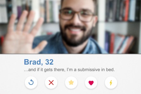 A mock dating app profile features the bio: "And if it gets there, I'm submissive in bed."