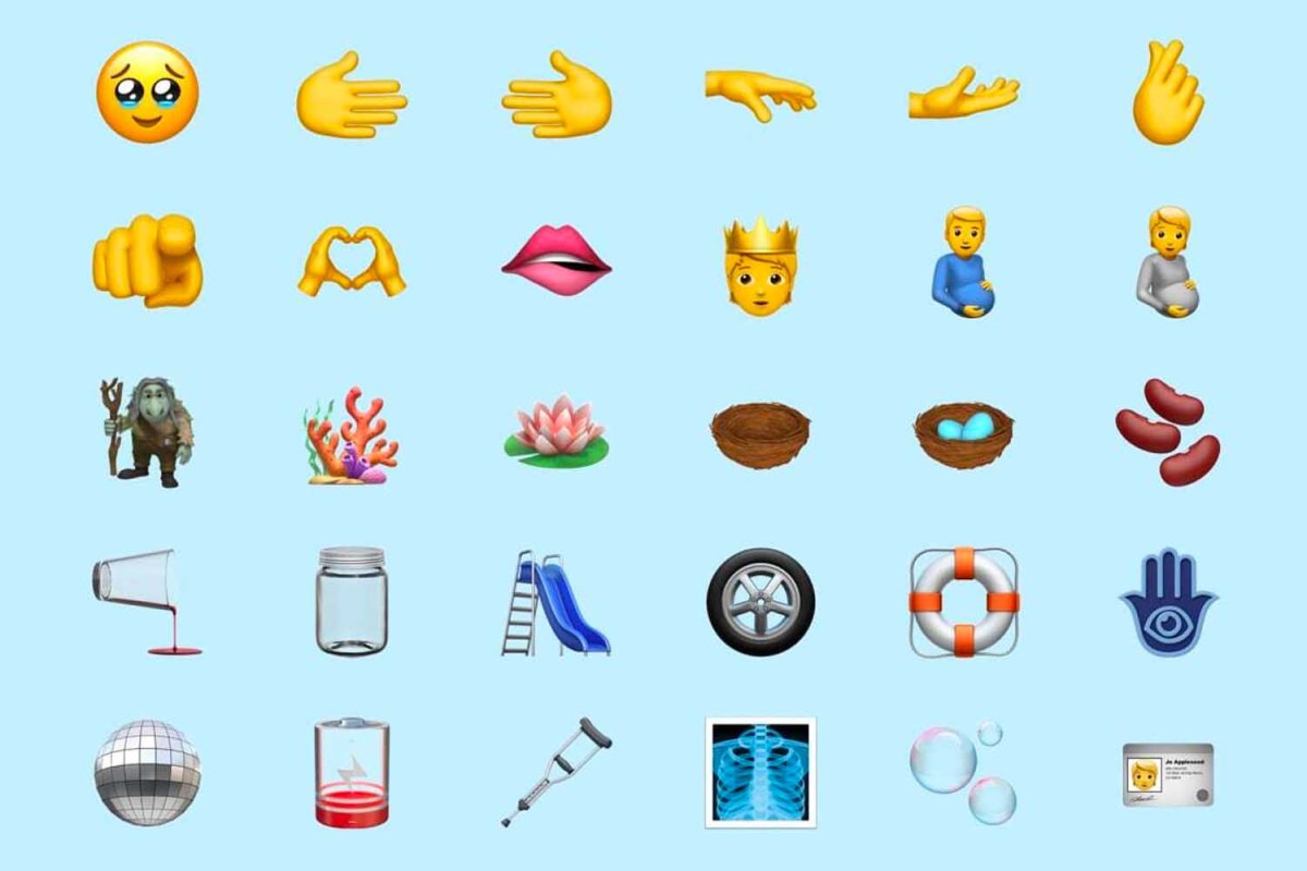 The 37 new emojis in iOS 15.4 on a light blue background.