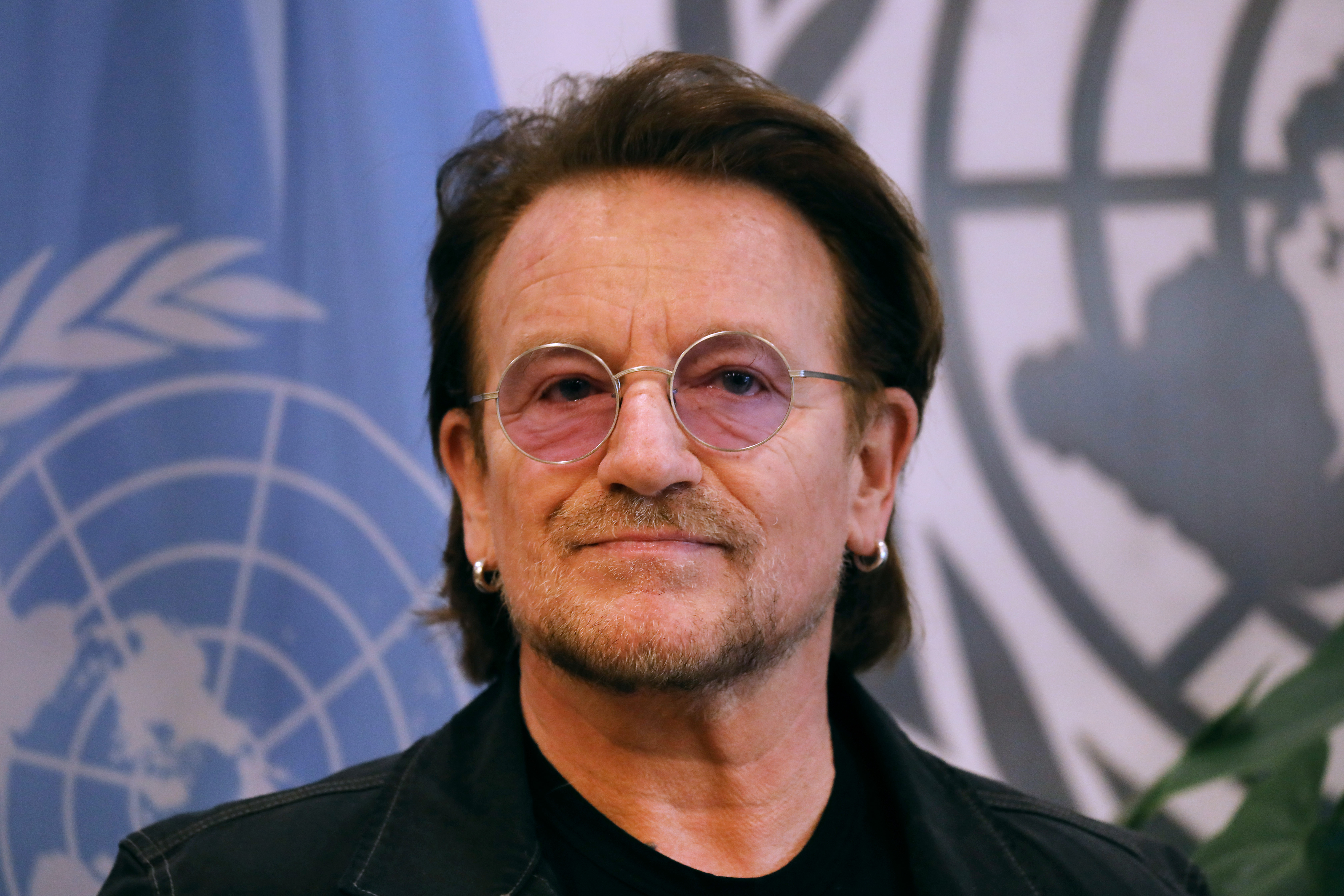 Bono meets with António Guterres, the Secretary-General of the United Nations, on February 11, 2020 in New York City. The lead singer of U2 recently said he dislikes the band name and the sound of his own voice.