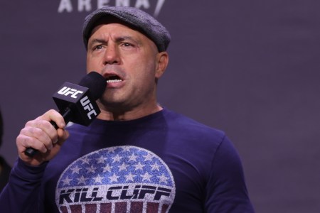 Joe Rogan introduces fighters during the UFC 269 ceremonial weigh-in at MGM Grand Garden Arena on December 10, 2021 in Las Vegas, Nevada. The podcaster responded to the controversy surrounding his COVID-19 misinformation after Neil Young started a Spotify boycott.