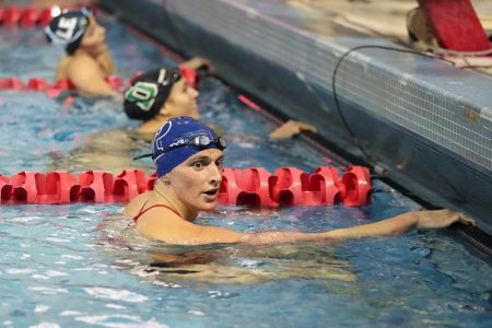 Lia Thomas of the Pennsylvania Quakers after finishing a freestyle event during a tri-meet against the Yale Bulldogs and the Dartmouth Big Green at Sheerr Pool on the campus of the University of Pennsylvania on January 8, 2022.