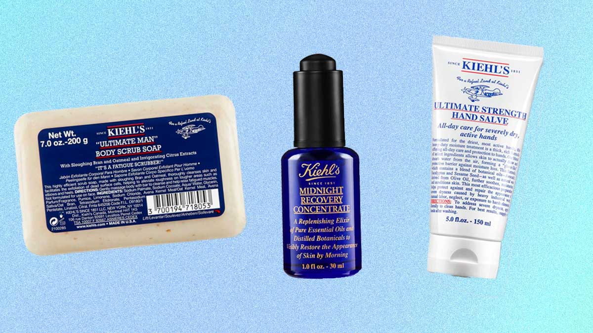 Kiehl's skincare products on a blue background