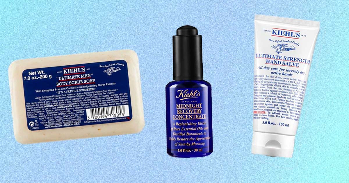 Kiehl's skincare products on a blue background