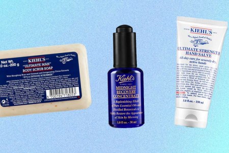 Kiehl's skincare products on a blue background