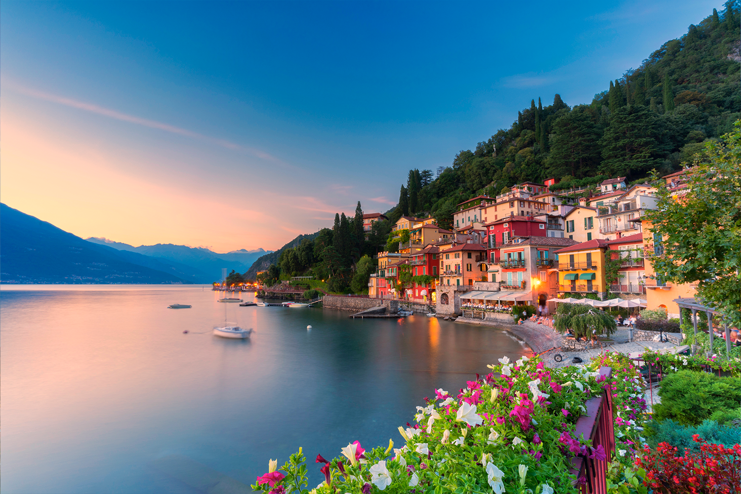 Sunset over the village of Varenna on the shores of Lake Como