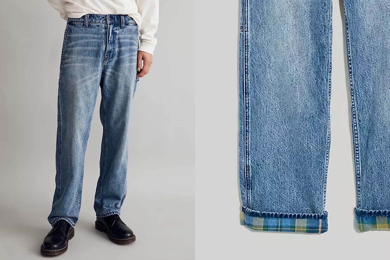 two photos of a model in Madewell flannel lined jeans and a close up on a grey background