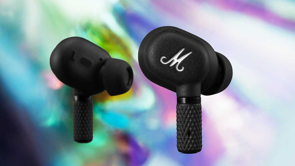 Marshall’s Motif ANC Earbuds on a multicolored background
