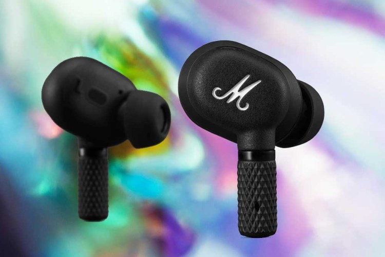 Marshall’s Motif ANC Earbuds on a multicolored background