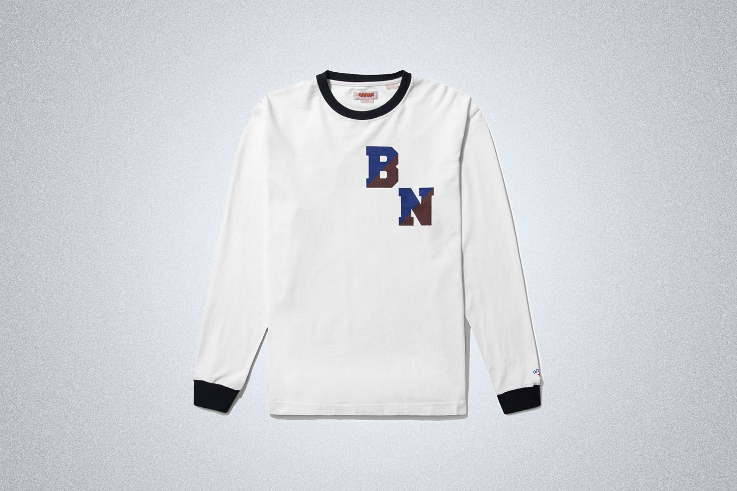 a white long sleeve ringer tee with a "BN" graphic