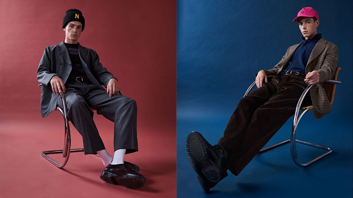 Two side-by-side shots of models sitting down, wearing Noah NY clothing against a navy and red backdrop
