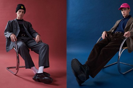 Two side-by-side shots of models sitting down, wearing Noah NY clothing against a navy and red backdrop