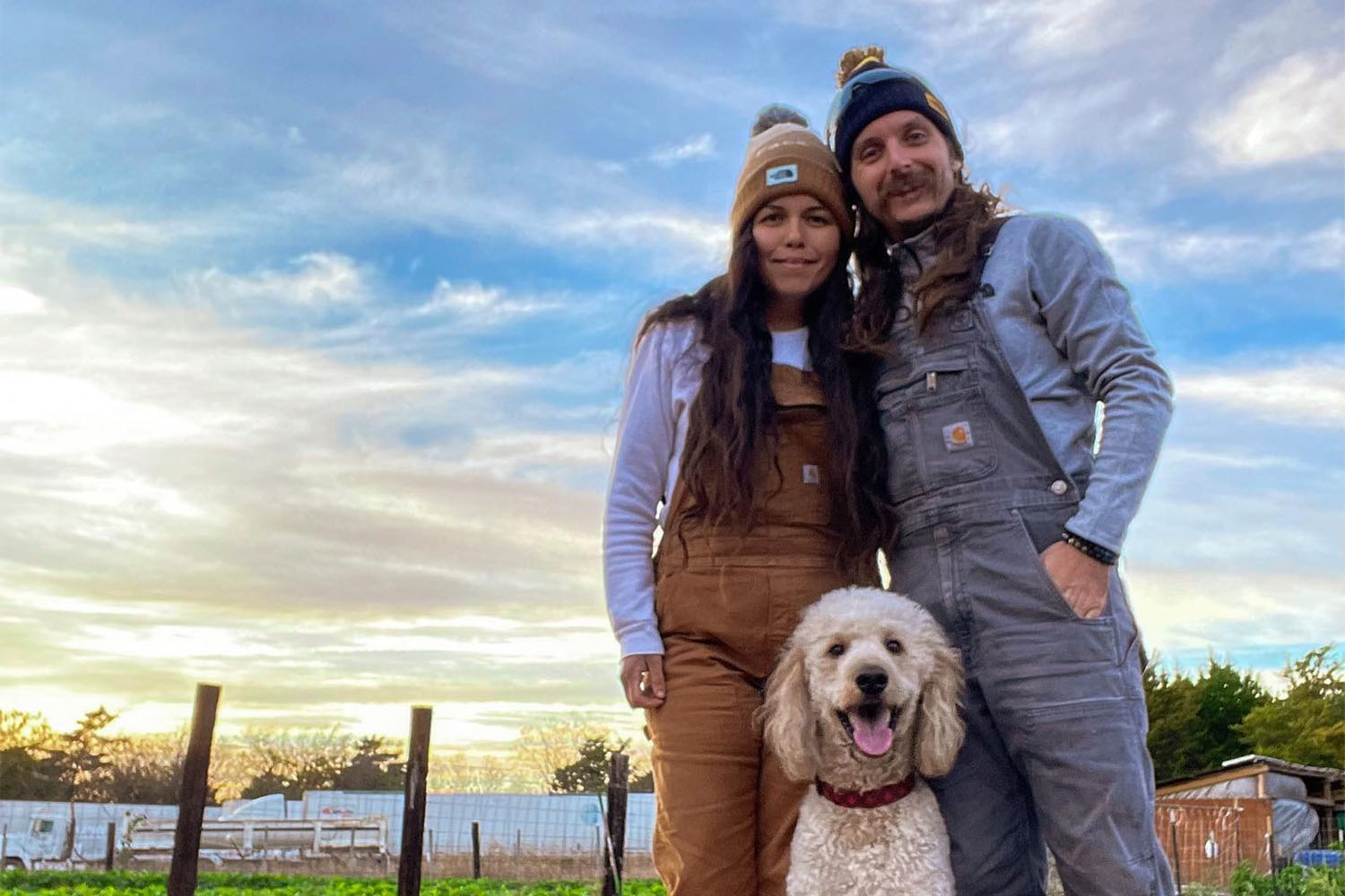 a couple standing in front of a sunset with their dog