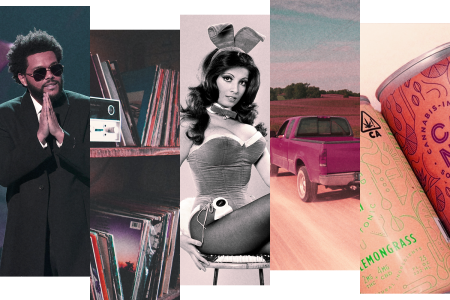 From left: The Weeknd giving an acceptance speech, a stack of records, a vintage photo of a Playboy bunny, a pickup truck and a can of CBD soda