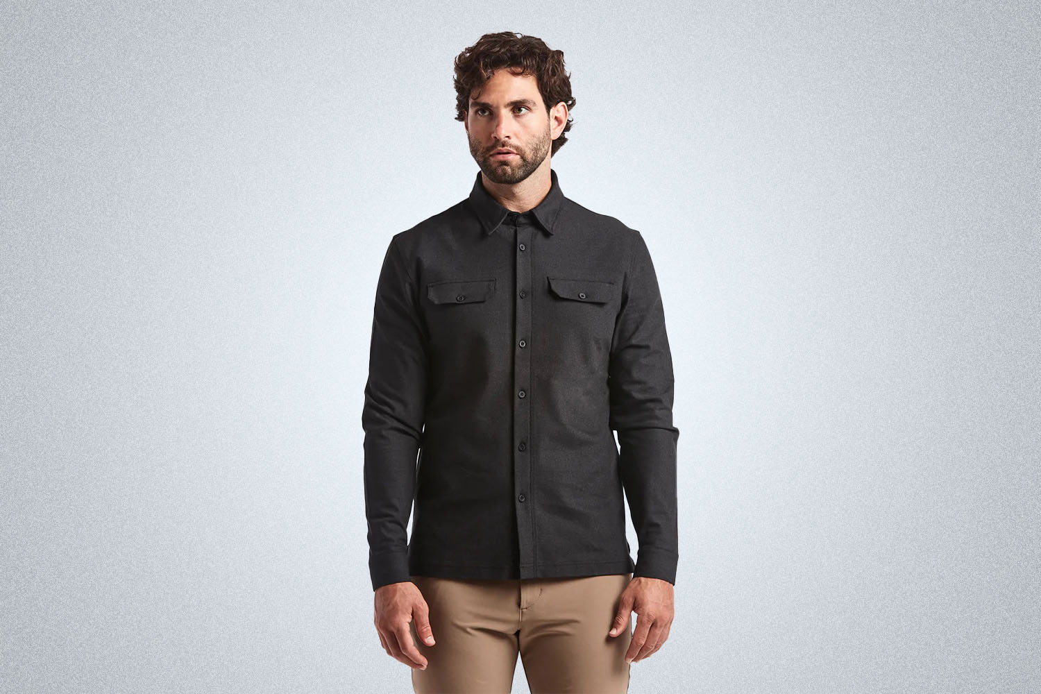 a model wearing a charcoal Public Rec Shirt Jacket on a grey background 