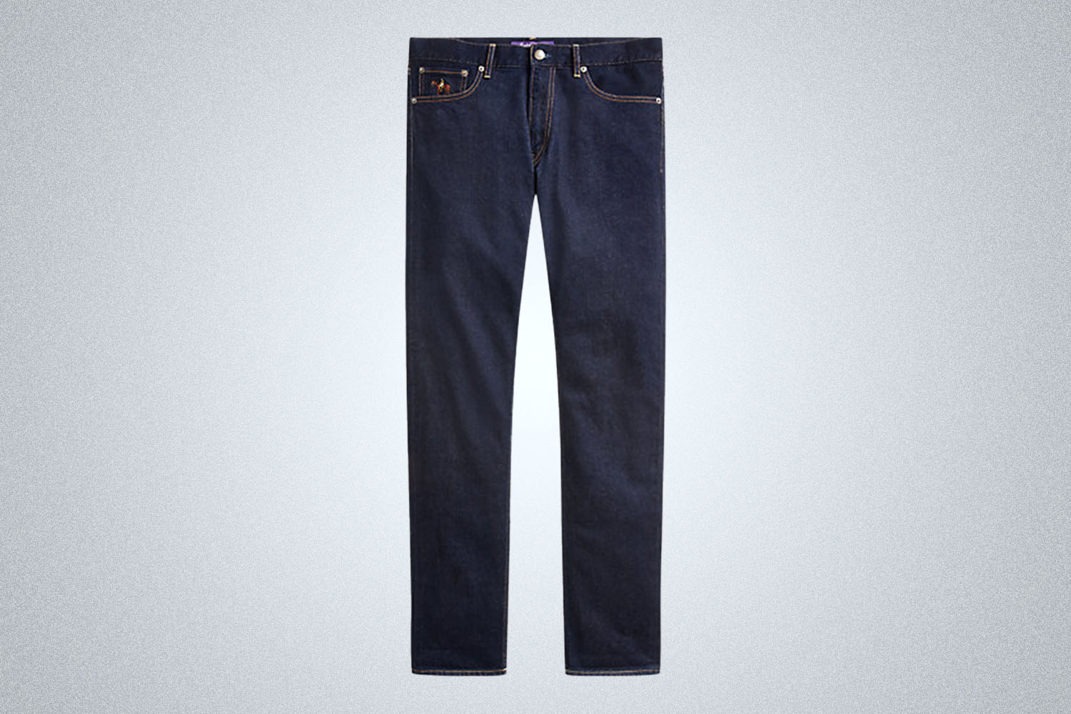 a pair of dark blue jeans from Ralph Lauren on a grey background