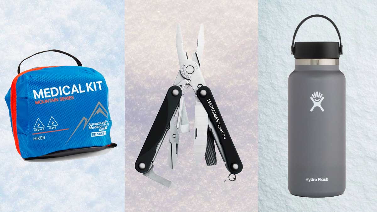Medical kit, Leatherman Multitool and a Hydro Flask bottle, on a snowy background