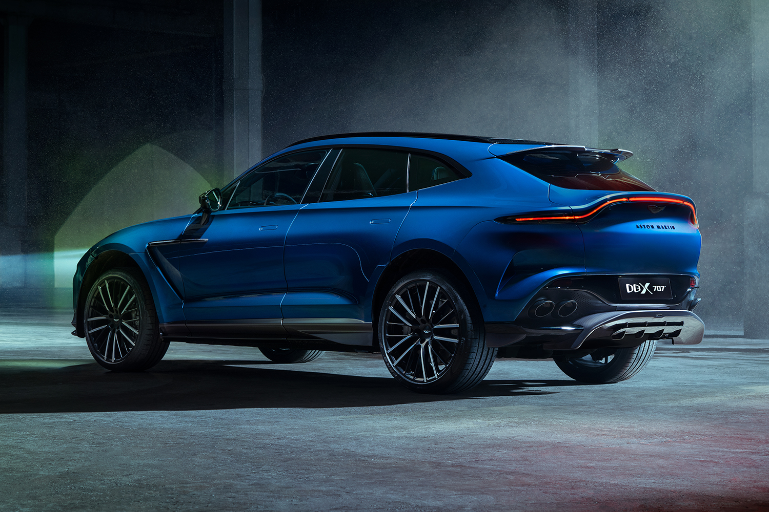 The rear end of the new Aston Martin DBX707 SUV, featuring a new rear bumper. It's the high-performance version of the British automaker's popular new DBX SUV. 