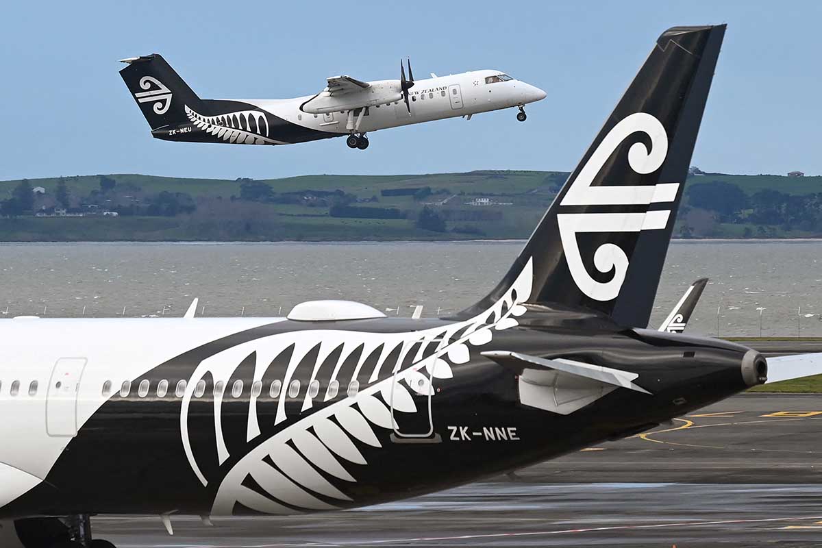 A photo taken on August 9, 2021 shows an Air New Zealand plane taking off from Auckland Airport. The airline recently was crowned the world's safest airline.