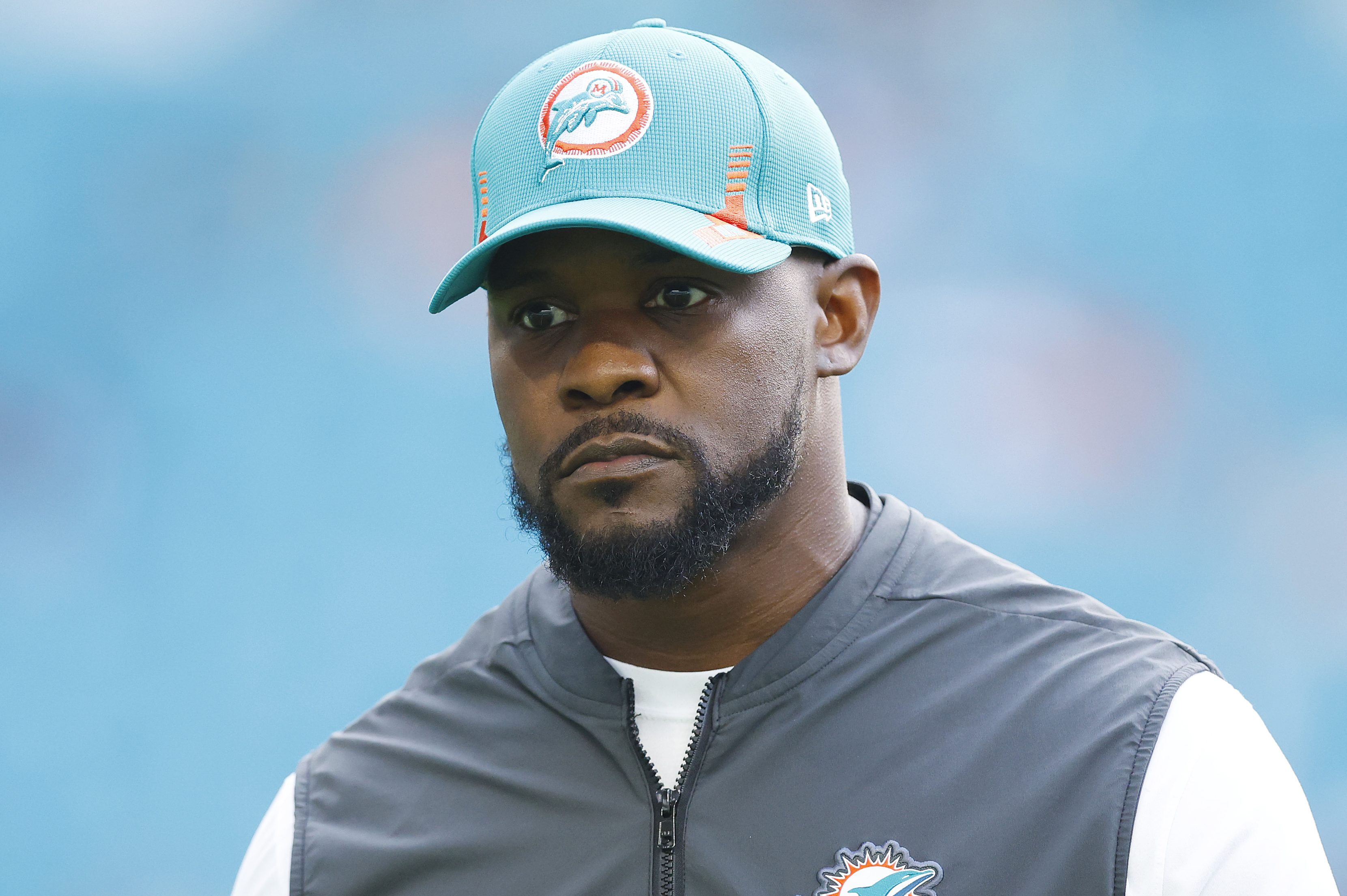 Brian Flores looks on prior to a game against the New England Patriots. With Flores's firing, there are now only two Black coaches in the NFL.