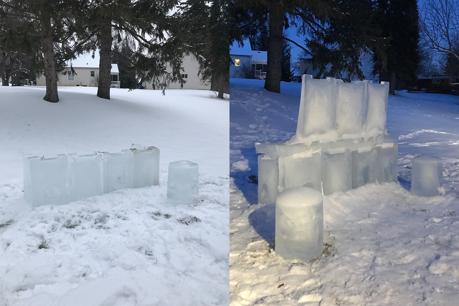 Two phases of making an ice bar, the first level in the snow on the left and the second level with ice blocks on the right