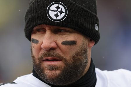 Ben Roethlisberger of the Pittsburgh Steelers looks on against the Ravens. The Steelers QB should pass two other famous quarterbacks for playoff passing yardage this weekend.