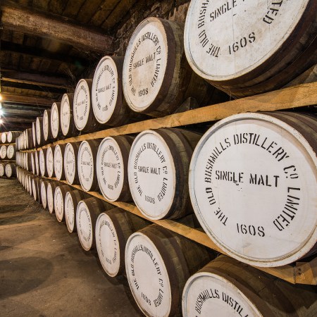 Whiskey ages in one of the barrel rooms at the Bushmlils distillery in Ireland