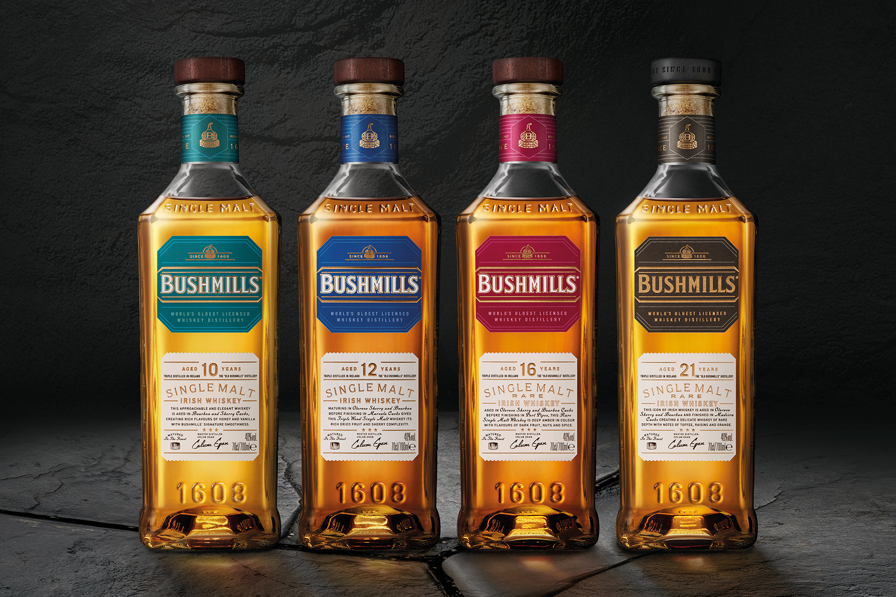 Bushmills' core lineup of single malts, including the 12-year, which is brand new to the US market