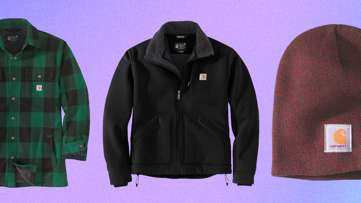 A men's sherpa-lined flannel shirt, a men's sherpa-lined Super Dux jacket and a knit beanie, all of which are on sale during Carhartt's Winter Sale of January 2022