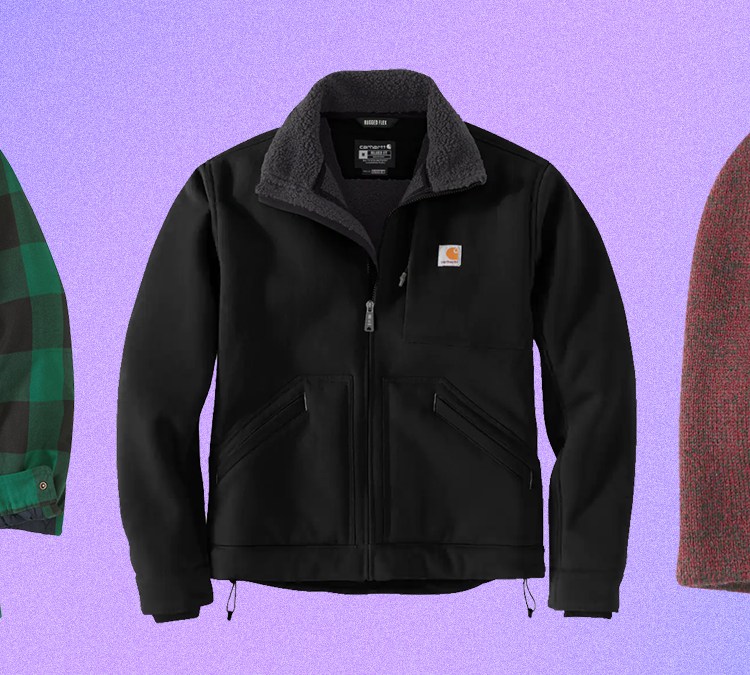 A men's sherpa-lined flannel shirt, a men's sherpa-lined Super Dux jacket and a knit beanie, all of which are on sale during Carhartt's Winter Sale of January 2022