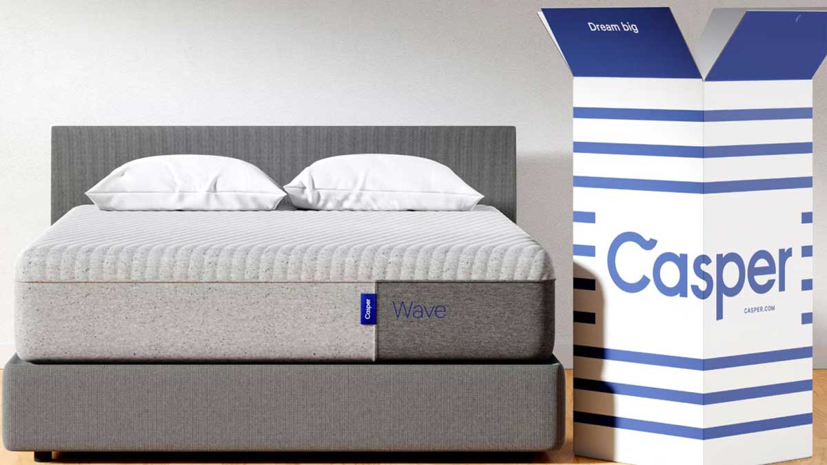 A Casper mattress next to a Casper box