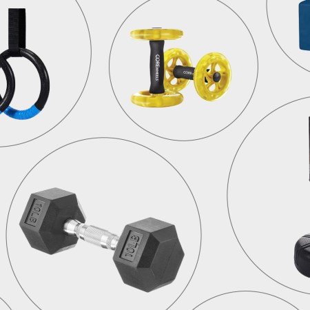 Fitness equipment recommended by 10 trainers, including core wheels, gymnastic rings, yoga blocks, dumbbells and a punching bag