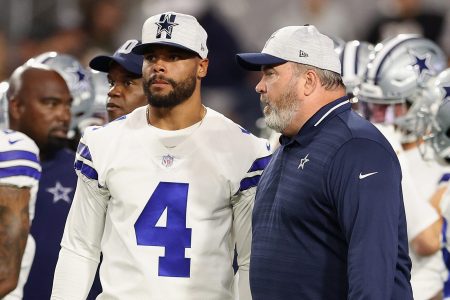 Quarterback Dak Prescott and head coach Mike McCarthy of the Dallas Cowboys before an NFL preseason game