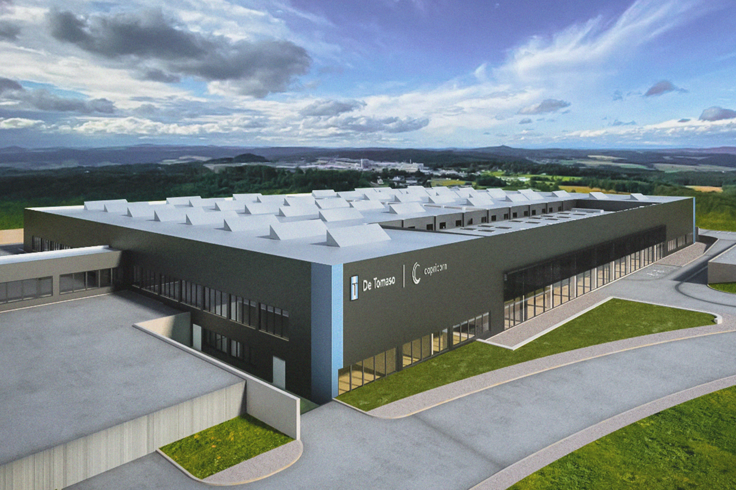 A rendering of De Tomaso and Capricorn Group's new production facility next to the Nürburgring racetrack in Nürburg, Germany