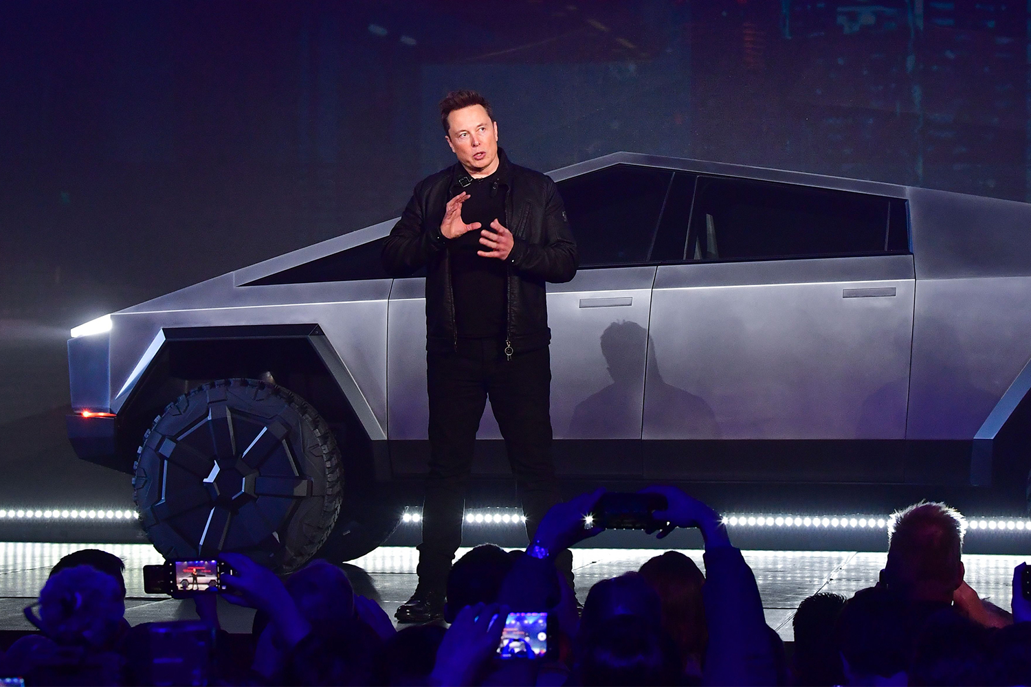 Tesla CEO Elon Musk unveiling the Cybertruck in November 2019 in Hawthorne, California. On an earnings call in January 2022, Musk said the electric pickup truck won’t be produced until at least 2023.
