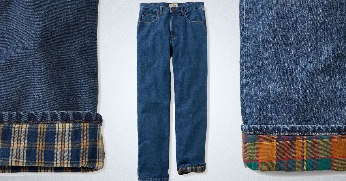 A close-up of the flannel lining on men's jeans from L.L. Bean and Eddie Bauer, and a full shot of a pair from L.L. Bean. We tested the most popular flannel lined jeans to find the best pair for men.