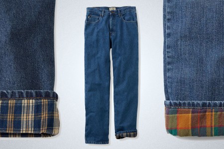 A close-up of the flannel lining on men's jeans from L.L. Bean and Eddie Bauer, and a full shot of a pair from L.L. Bean. We tested the most popular flannel lined jeans to find the best pair for men.
