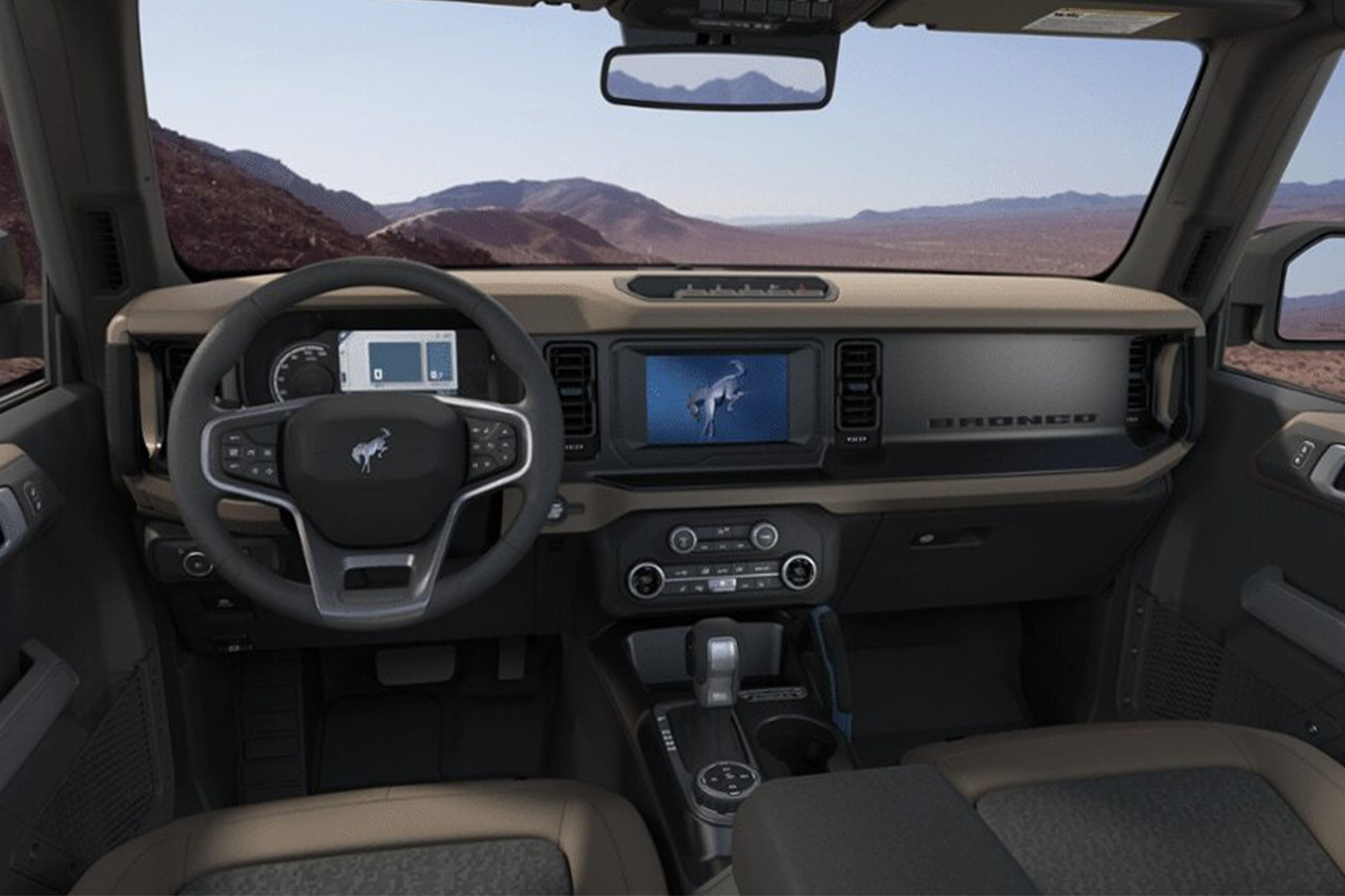 A digital rendering of the interior of the Ford Bronco Wildtrak SUV. It's spartan and ready for off-roading, but not that inspiring.