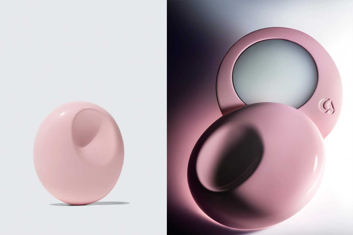 Two photos of Glossier's solid "You" fragrance, a pink compact, a perfect Valentine’s Day gift for 2022.