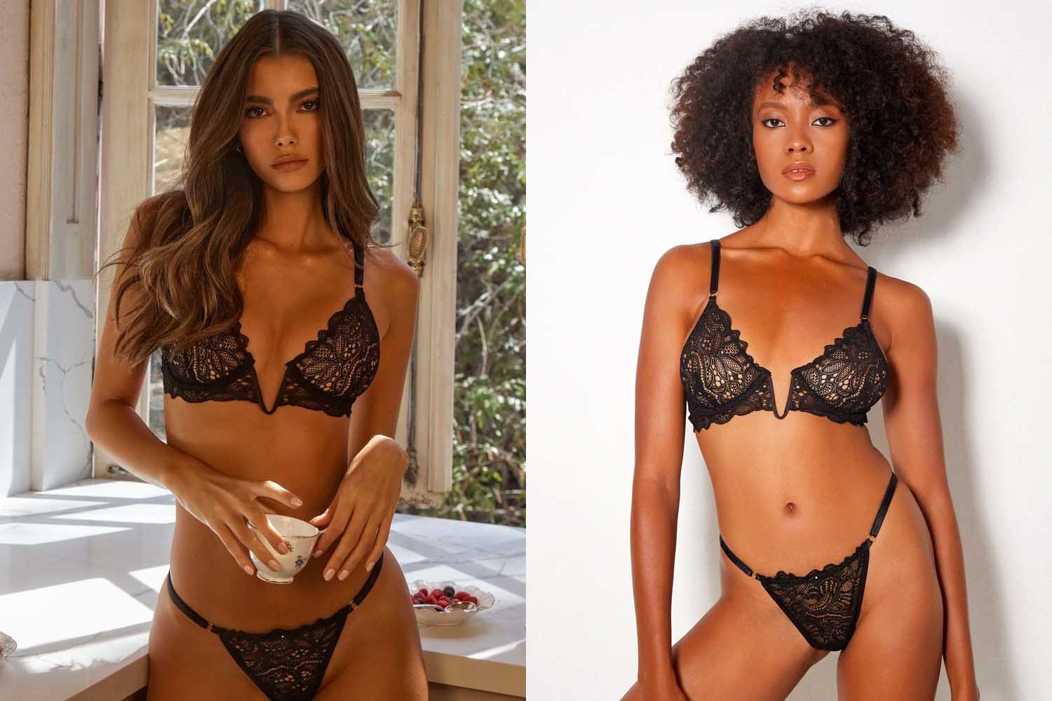 Two models wearing a black lace bra from Gooseberry, a perfect Valentine’s Day gift for 2022.