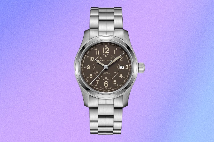 A 42mm Hamilton Khaki Field Auto with a stainless steel bracelet that's currently on sale at Nordstrom Rack