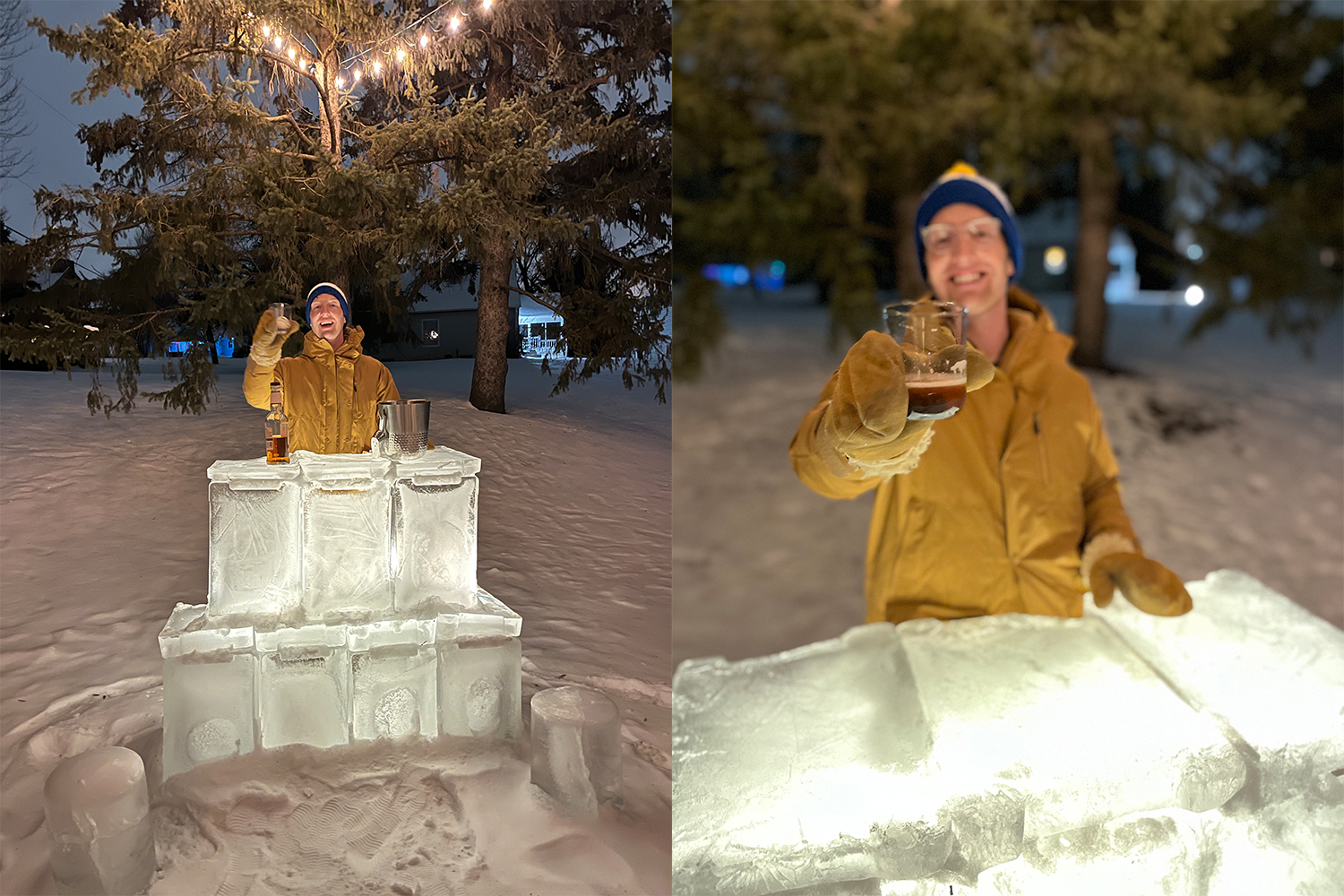 A man standing behind an ice bar in the backyard of a suburban home holding a cocktail. We describe how to make your own ice bar in this advice column.