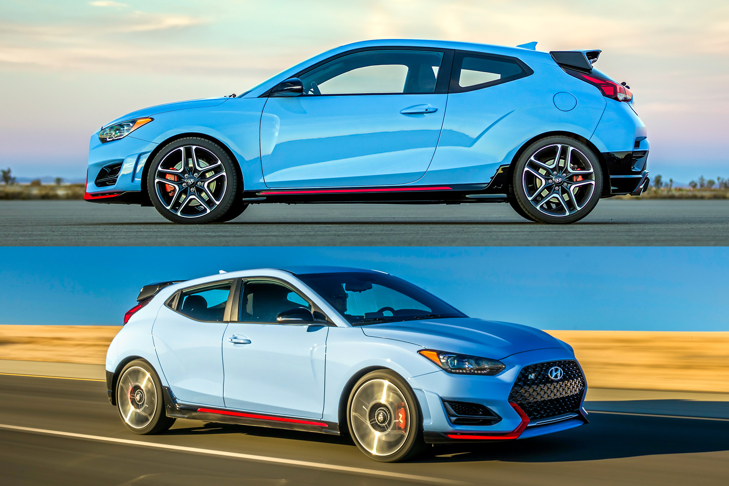 The 2022 Hyundai Veloster N, the top photo showing the driver's side with one door, the bottom photo showing the passenger's side with two doors