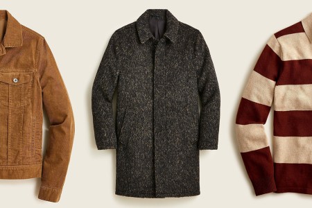 A men's trucker jacket, a car coat in wool and a rugby stripe seater, all of which are on sale at J.Crew in January 2022